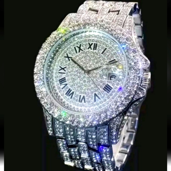 Men's Full Ice Hip Hop Bling Simulated Diamond Steel Band Watch with Day Display - Picture 3 of 12